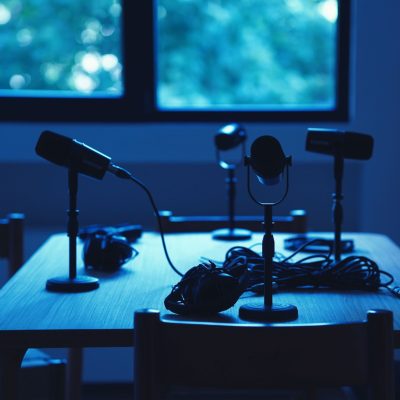 Dimly lit podcast studio with microphones and headphones on a table.